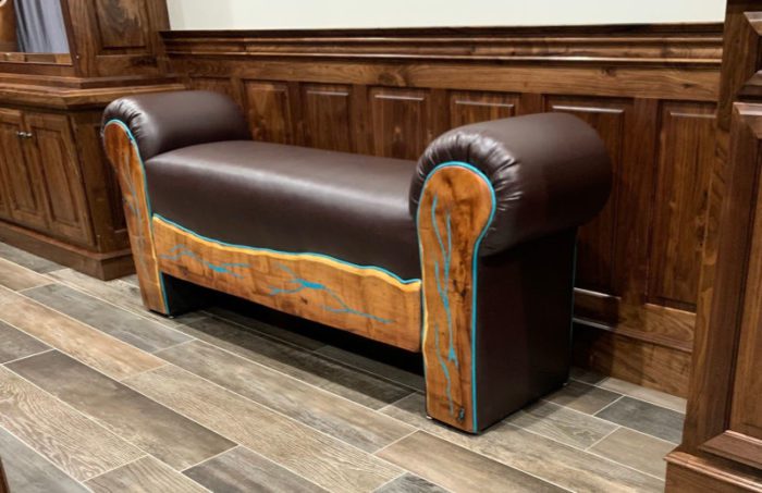 leather bench with turquoise inlay
