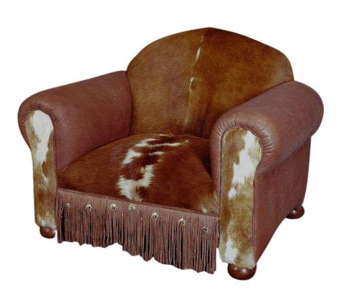 cowhide and leather chair with fringe and conchos