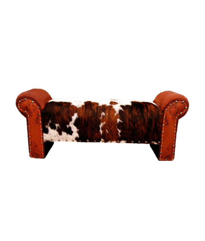 Cowhide, tooled leather and silver tacks on western bench by Rustic Artistry