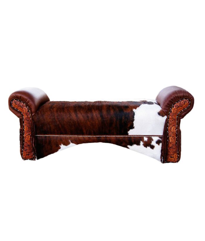 Cowhide and tooled leather bench with arched bottom from Rustic Artistry