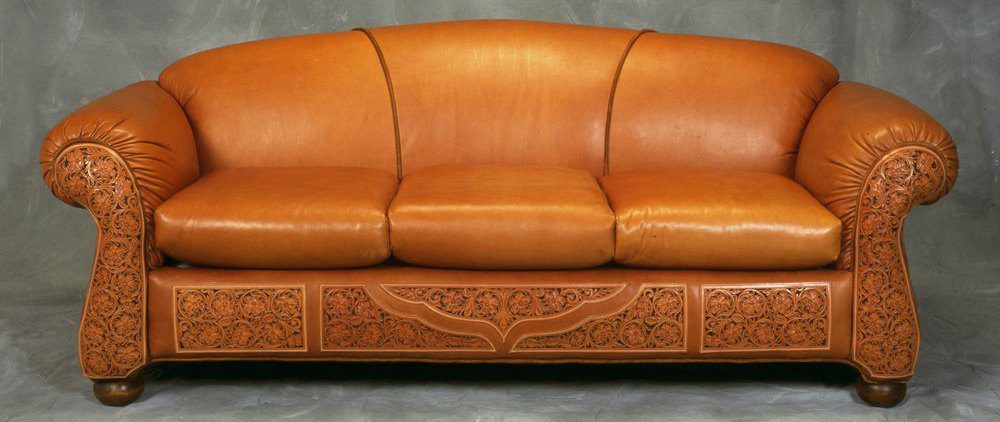 Tooled Leather Sofa Western, Tooled Leather Sofa