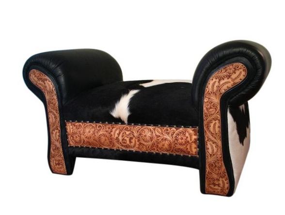 cowhide and tooled leather bench with hair on hide seat