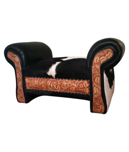 Elegant Western Pony Up Bench with Cowhide and Tooled Leather