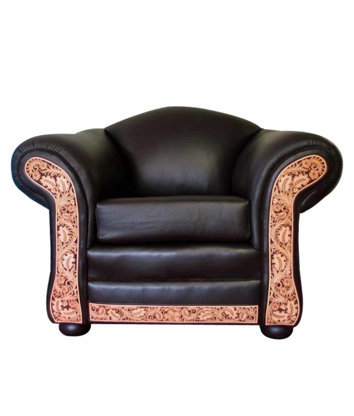 Midnight leather arm chair with tooling