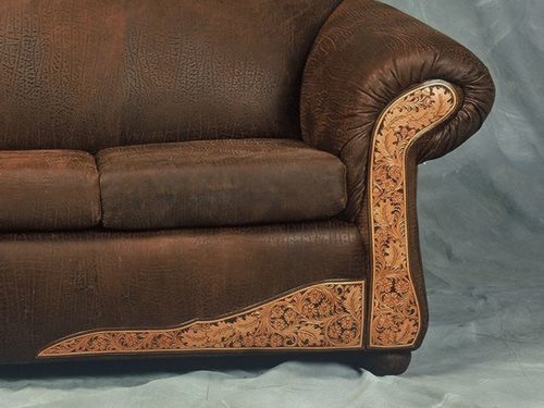 Exquisite leather tooling on the Santa Fe Sofa, Love Seat and Chair from RusticArtistry.com