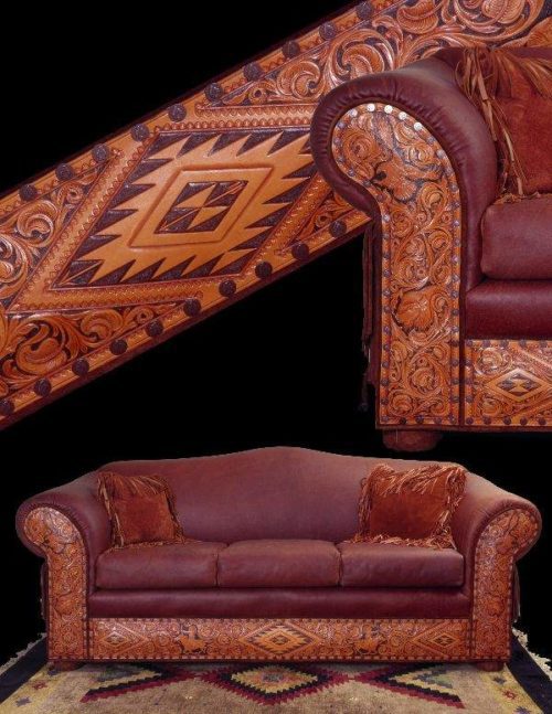 western tooled leather sofa