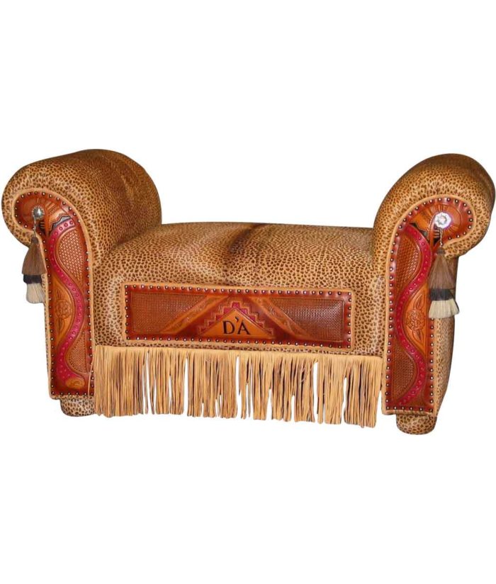 The Mia Bench with fringe, tooling, cowhide, leather, conchos and tassles