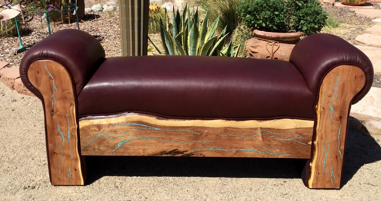 Leather Bench With Turquoise Inlay, Turquoise Leather Bench