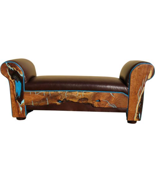 Turquoise Eloquence Bench - Southwest / Western Style Furniture Upholstered full grain leather, mesquite with turquoise inlay,