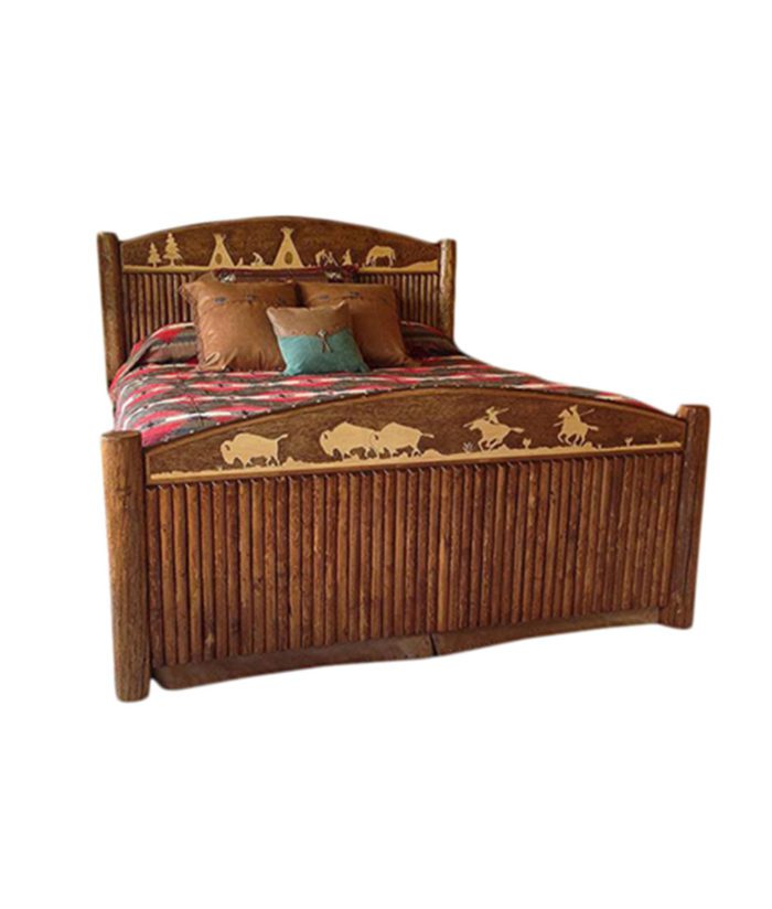 Molesworth Furniture - Buffalo Hunt Bed with half rounds and carved Old West scene