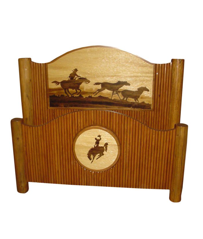 Molesworth Western Style Furniture Bed with cowboy and bucking bronco carving on head board and foot board