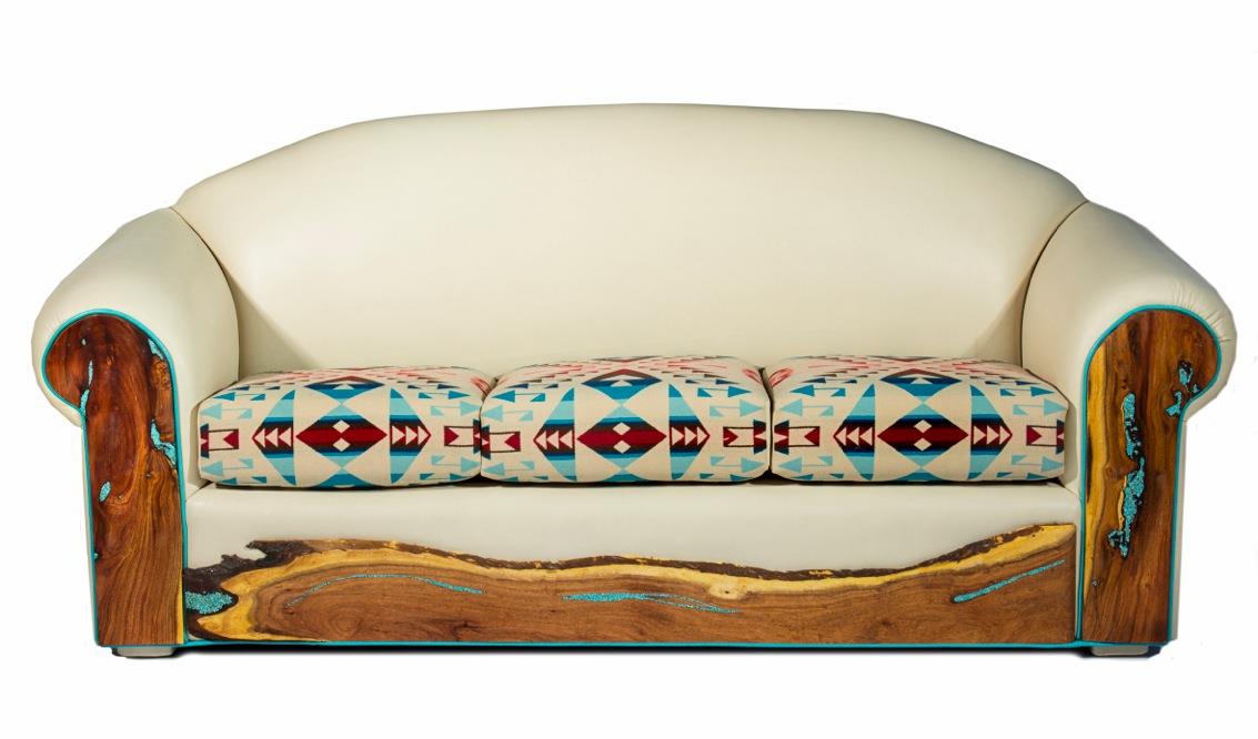 Turquoise Inlay Western Leather Sofa, Western Style Leather Sofa