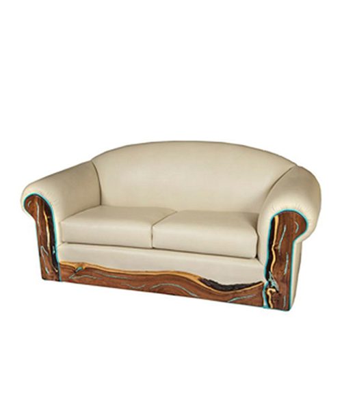 White leather love seat sofa with turquoise inlay | Western furniture and decor from RusticArtistry.com