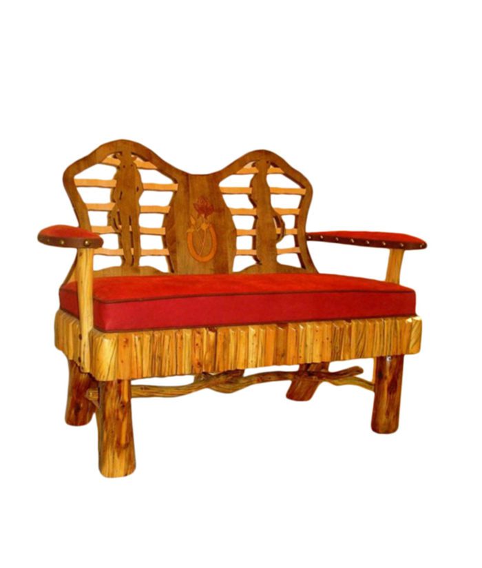 Molesworth Carved Bench 2 person bench with carved cowboy and cowgirl silhouette in seat back
