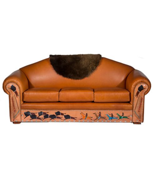 Hand painted depictions of a Native American hunting scene on Customizable Leather Sofa | Western furniture and decor from RusticArtistry.com