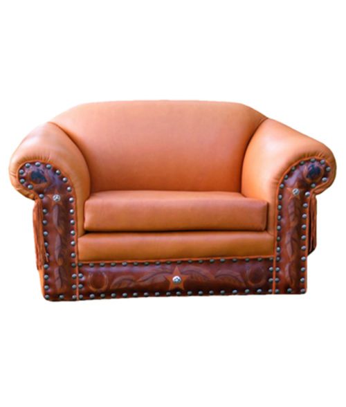 Extra Wide Armchair with Tooling, Fringe, Nailheads and Conchos, Fully Customizable | Western furniture and decor from RusticArtistry.com