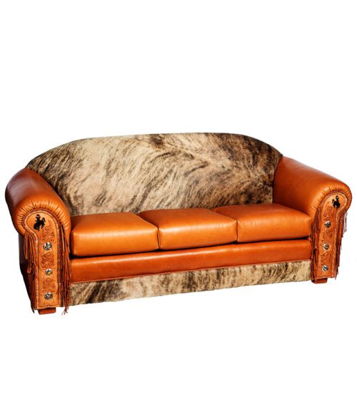 Cowhide and leather sofa with tooled leather, fringe and conchos, Fully customizable | Western furniture and decor from RusticArtistry.com