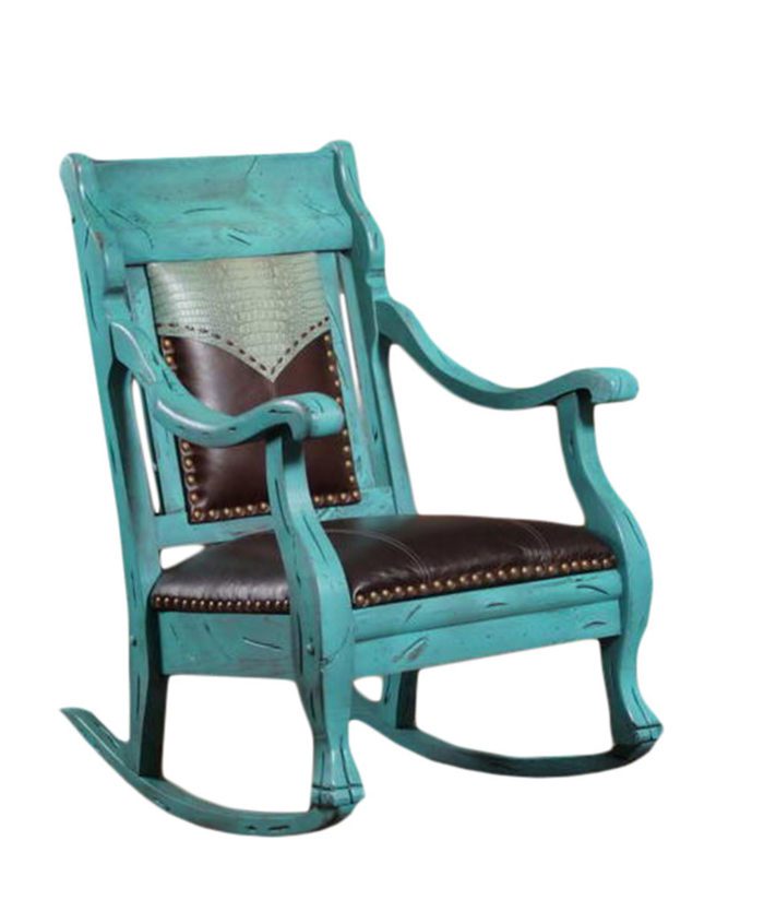 Distressed Turquoise Finish Rocking Chair with Leather Seat and Crocco Embossed Yoke | Western Furniture and Decor From RusticArtistry.com