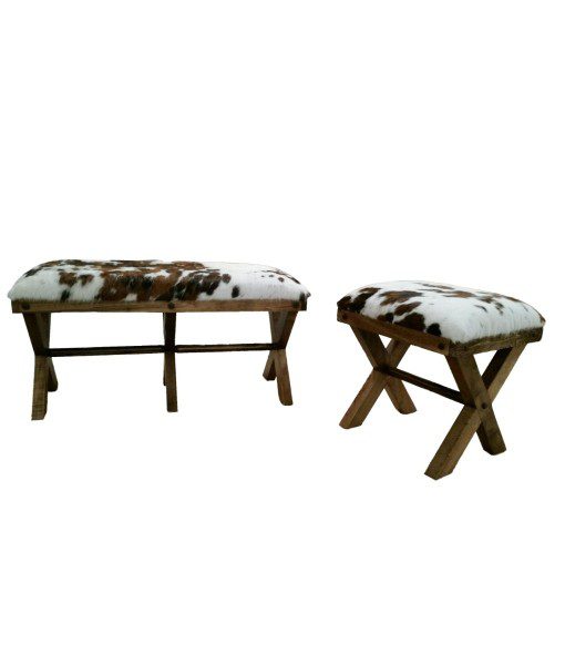 Cowhide bench with X style wood legs, made to any size