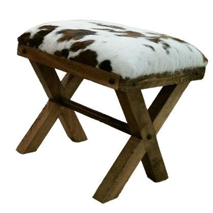 Cowhide Bench Foot Stool With Wood X Style Legs
