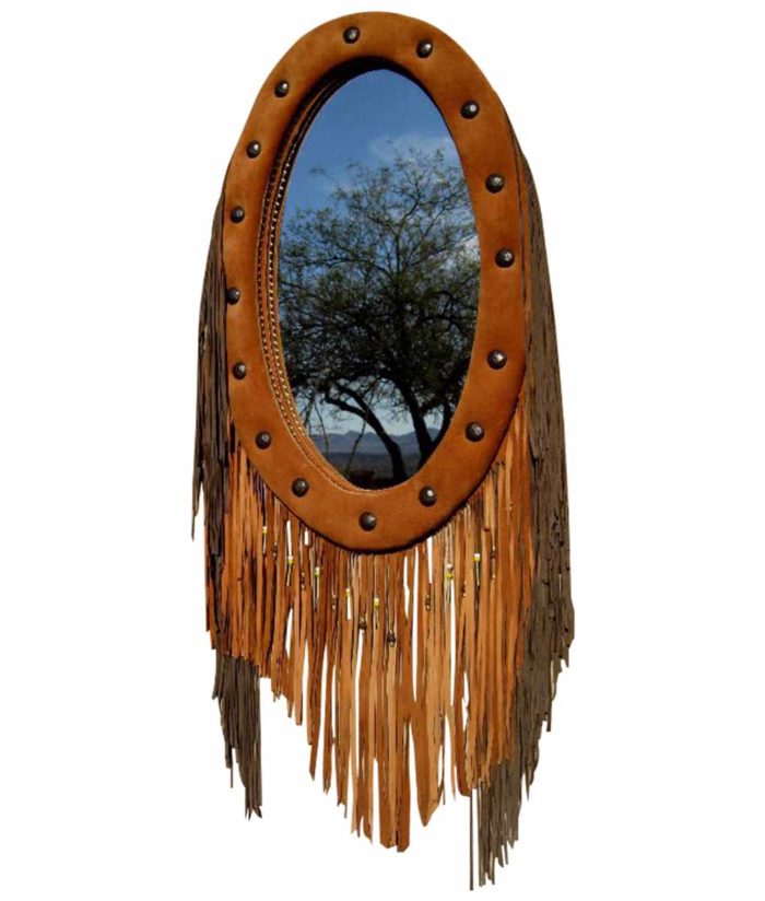 Western Southwest decor leather framed mirror with fringe