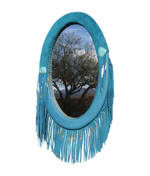 Oval mirror with turquoise leather frame and fringe for western decor