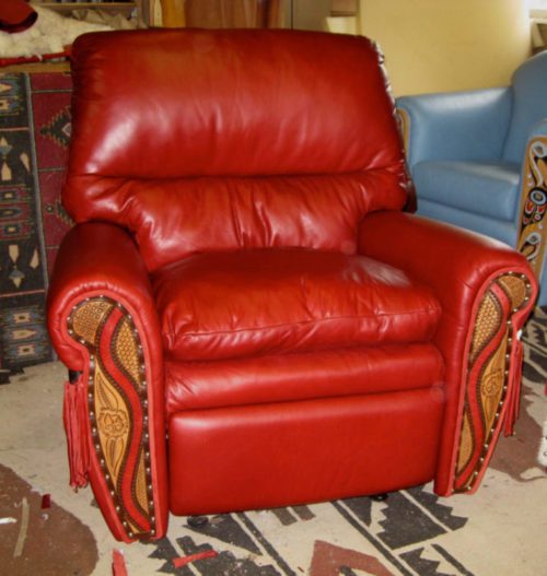 Ultra soft leather recliner in red leather with tooling for western decor