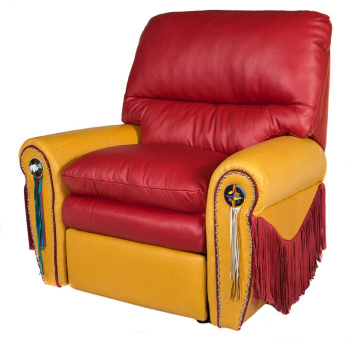 western recliner in red and gold with beads and fringe