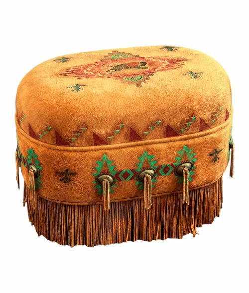 deer suede oval ottoman with native American Indian art and fringe