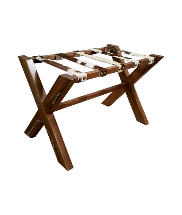 wood luggage rack with cowhide straps