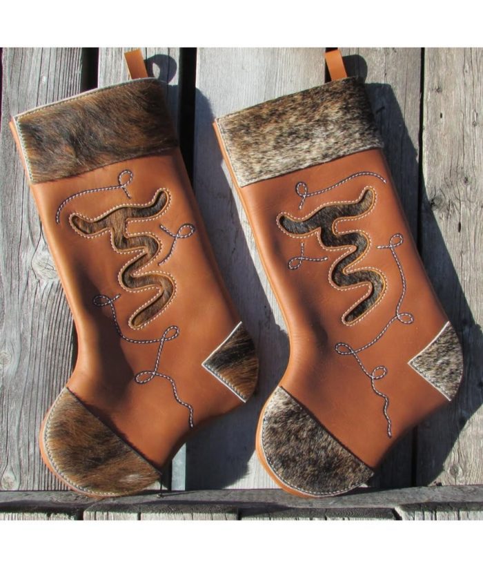 custom cowhide leather stockings with ranch brand art