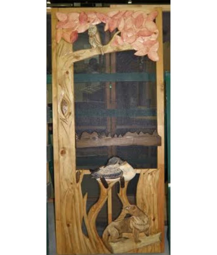 otter, loon and owl in tree carved wood screen door
