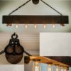 Barnwood beam chandelier with Edison bulbs, rope and pulley