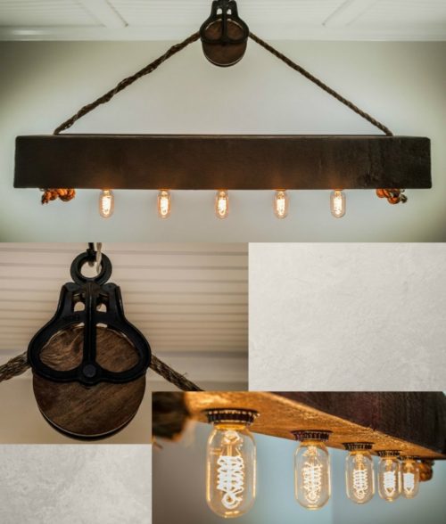 Barnwood beam chandelier with Edison bulbs, rope and pulley