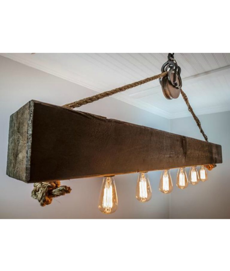 Rustic wood beam chandelier with Edison bulbs, rope and pulley
