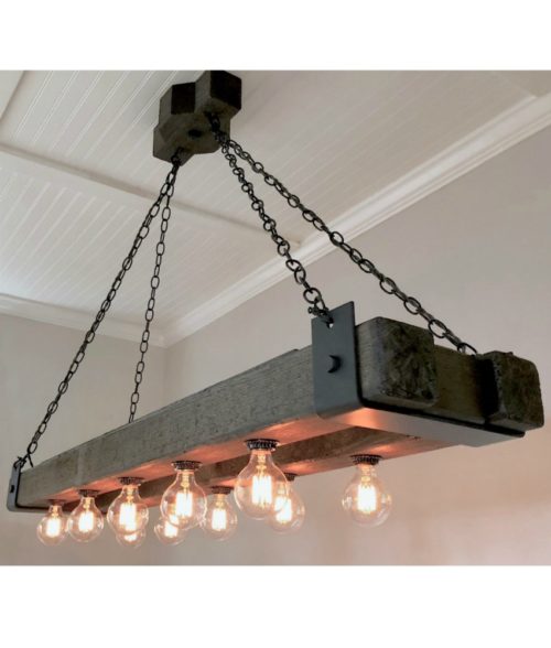 Double wood beam chandelier with Edison bulbs and black metal hardware