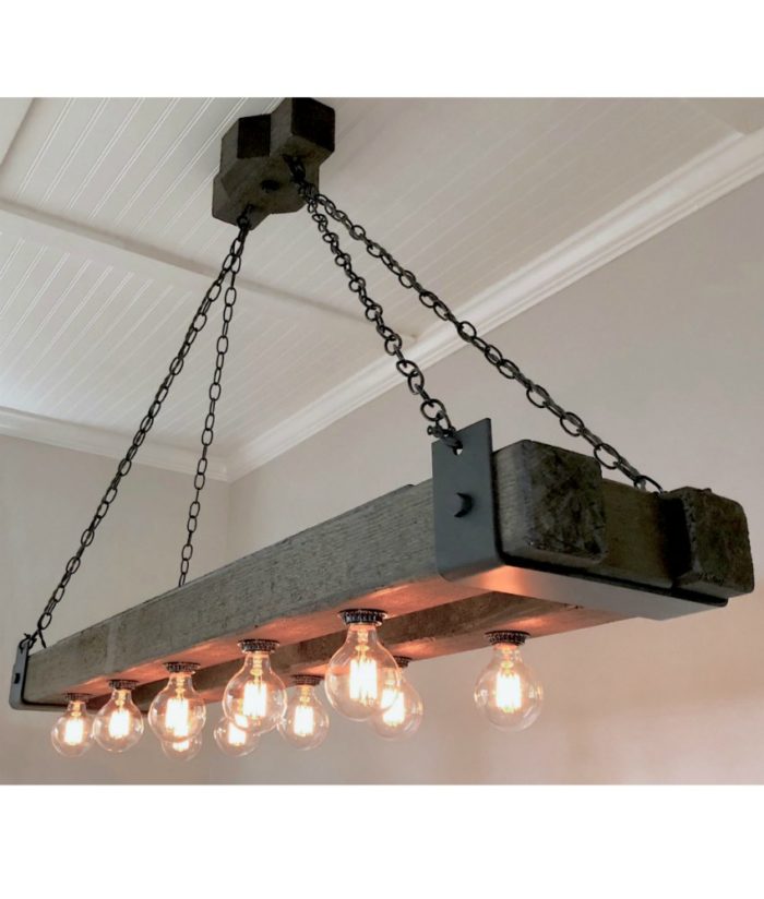 Double wood beam chandelier with Edison bulbs and black metal hardware
