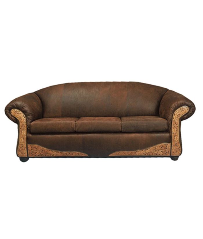 Santa Fe Western leather sofa with hand tooled leather trim