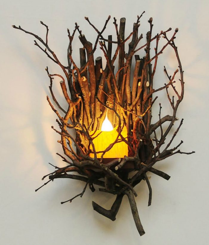 Real twig wall sconce with electric pillar candle