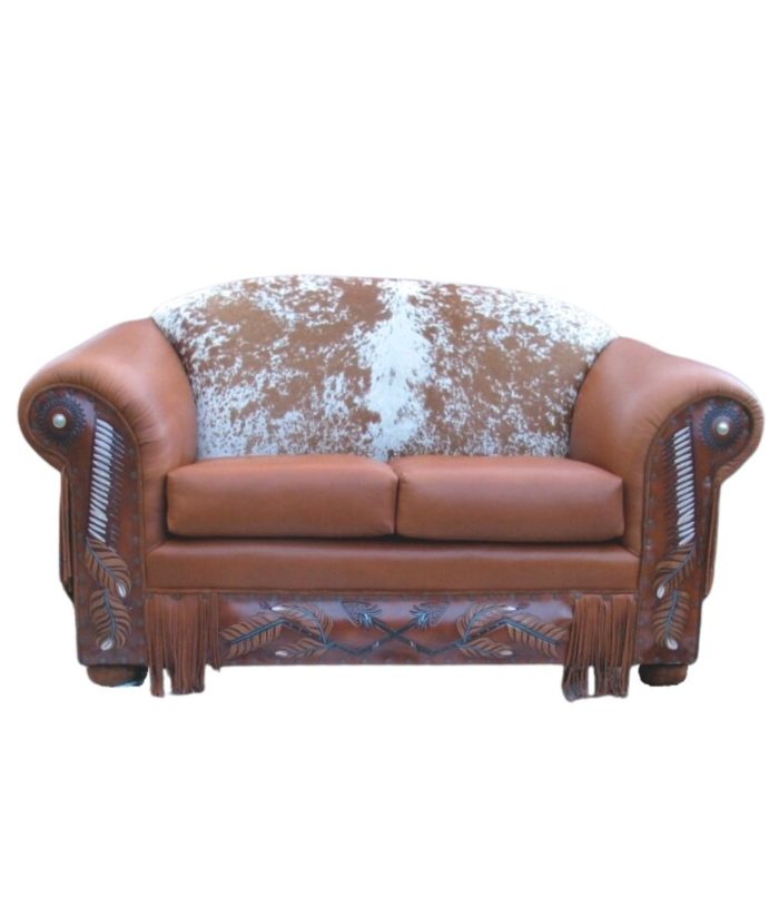 western leather love seat with cowhide and tooling