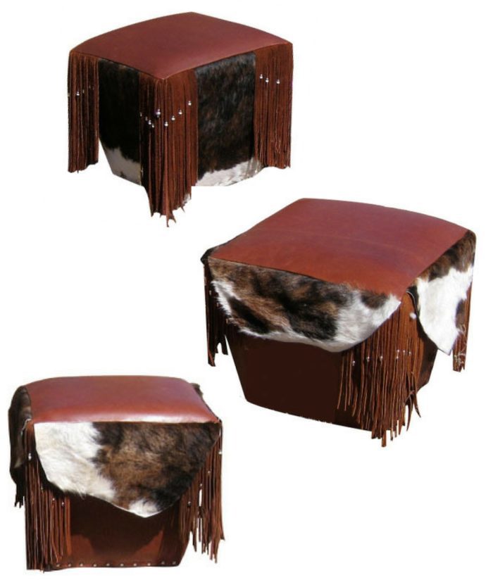 Cube ottomans with leather upholstery, cowhide drape and fringe