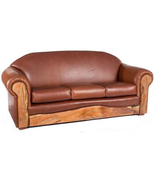 Leather Sofa with Turquoise Inlaid Mesquite arms and kick plate