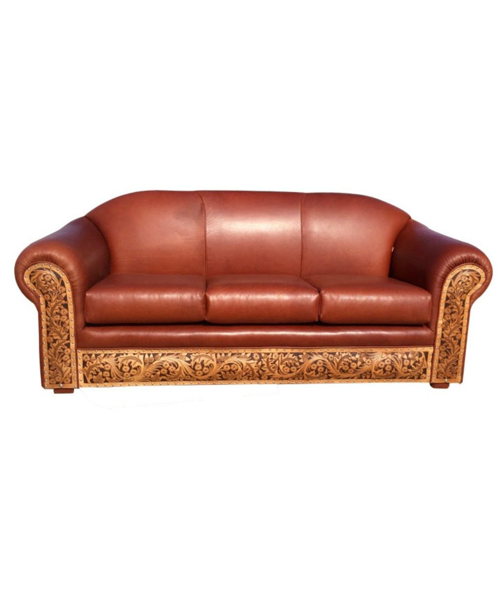 Brown Leather Sofa With Tooled, Tooled Leather Furniture