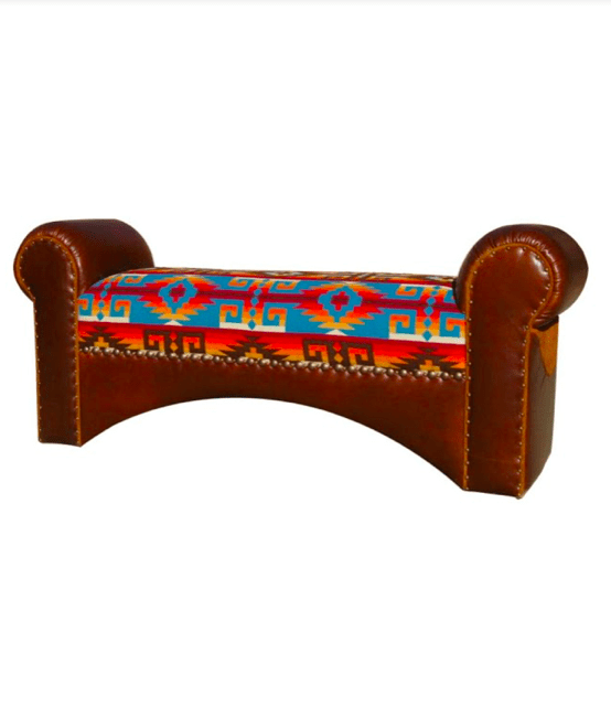 brown leather and colorful pendleton wool bench