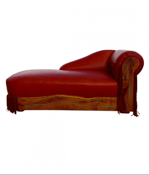 Western Style Leather Chaise Lounge with Inlaid Turquoise and Fringe