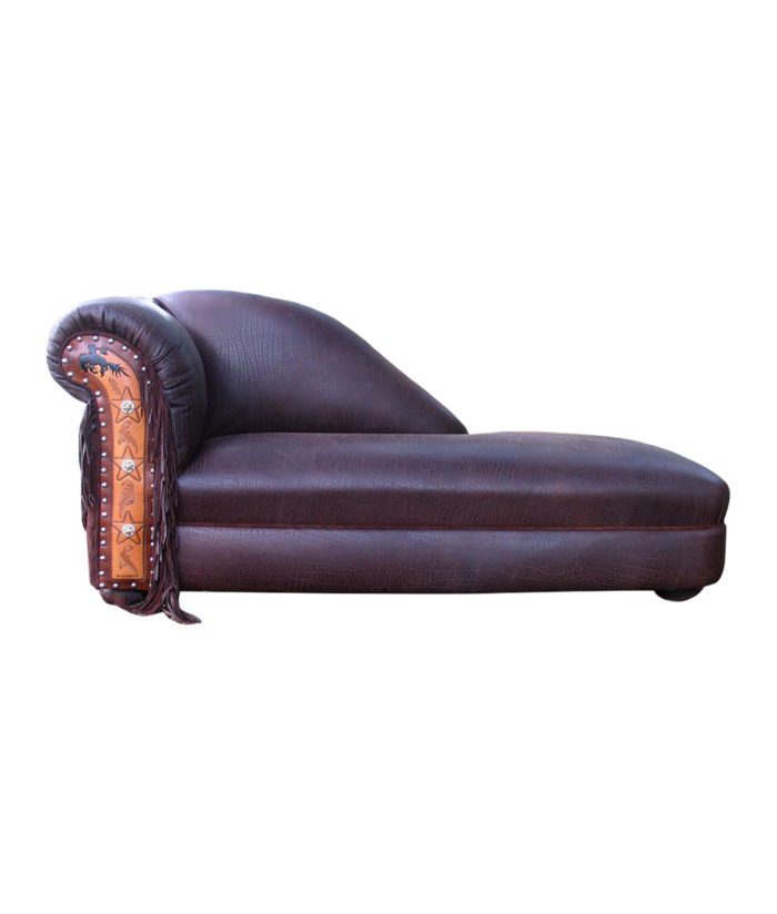 Lone Star leather chaise with tooling and conchos on arm