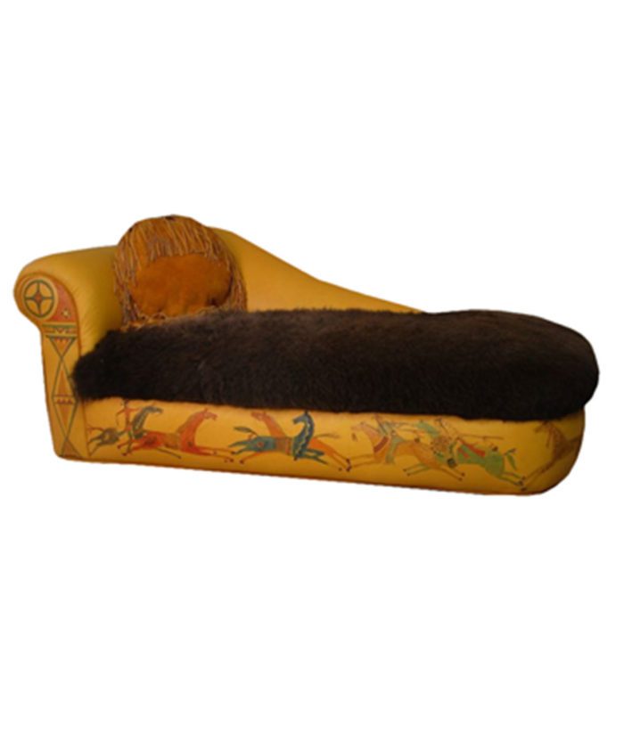 Running horses lather chaise with buffalo fur seat and Native American Indian painting on leather