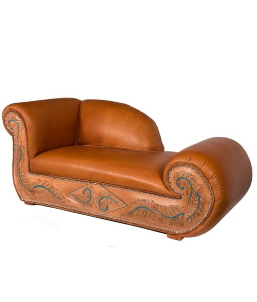 Sleigh frame leather chaise with tooled leather sides
