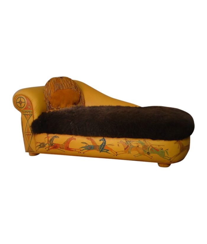 Running horses leather chaise with buffalo fur seat and native American Indian painting