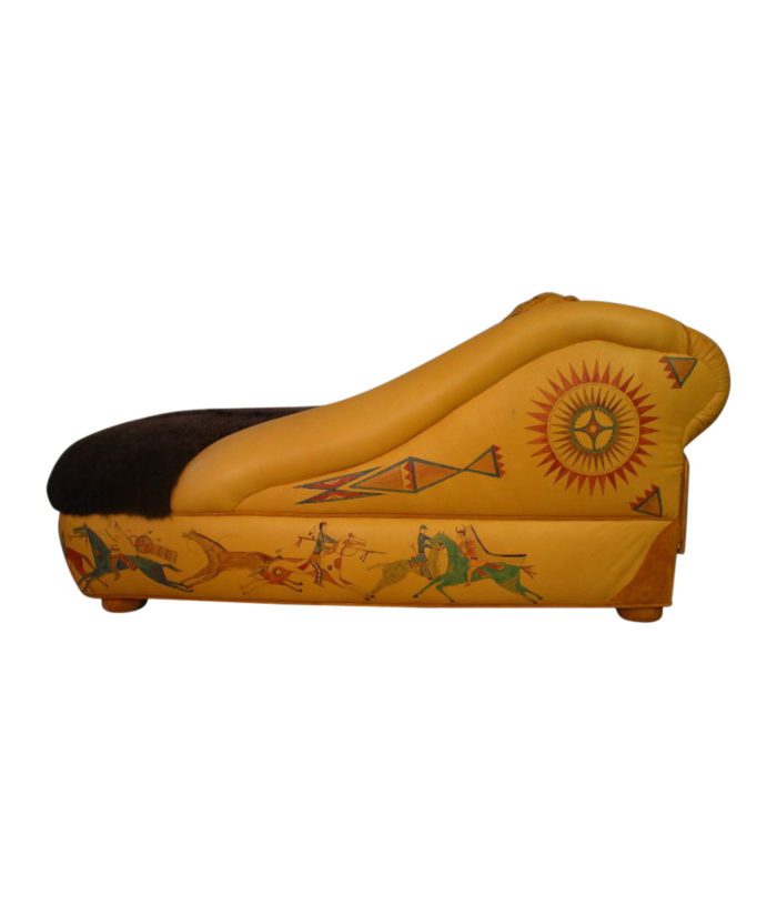 western leather chaise lounge with buffalo hide fur seat and native American Indian painting on sides and back
